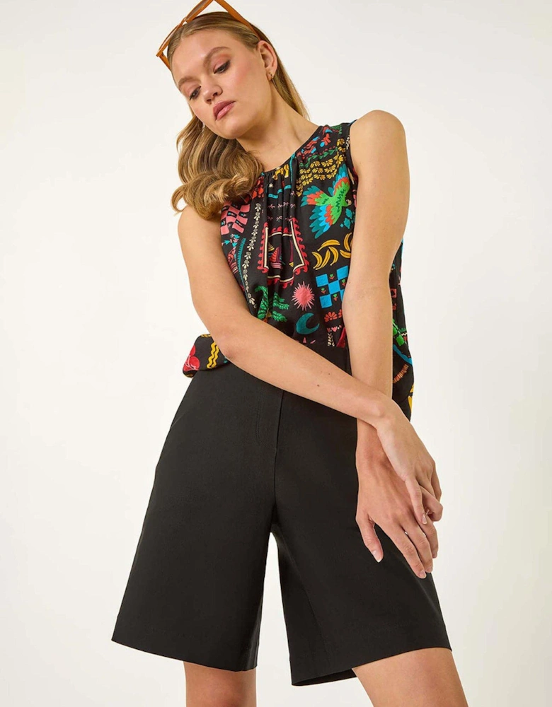 Elastic Waist Button Wide Leg Stretch Shorts - Black