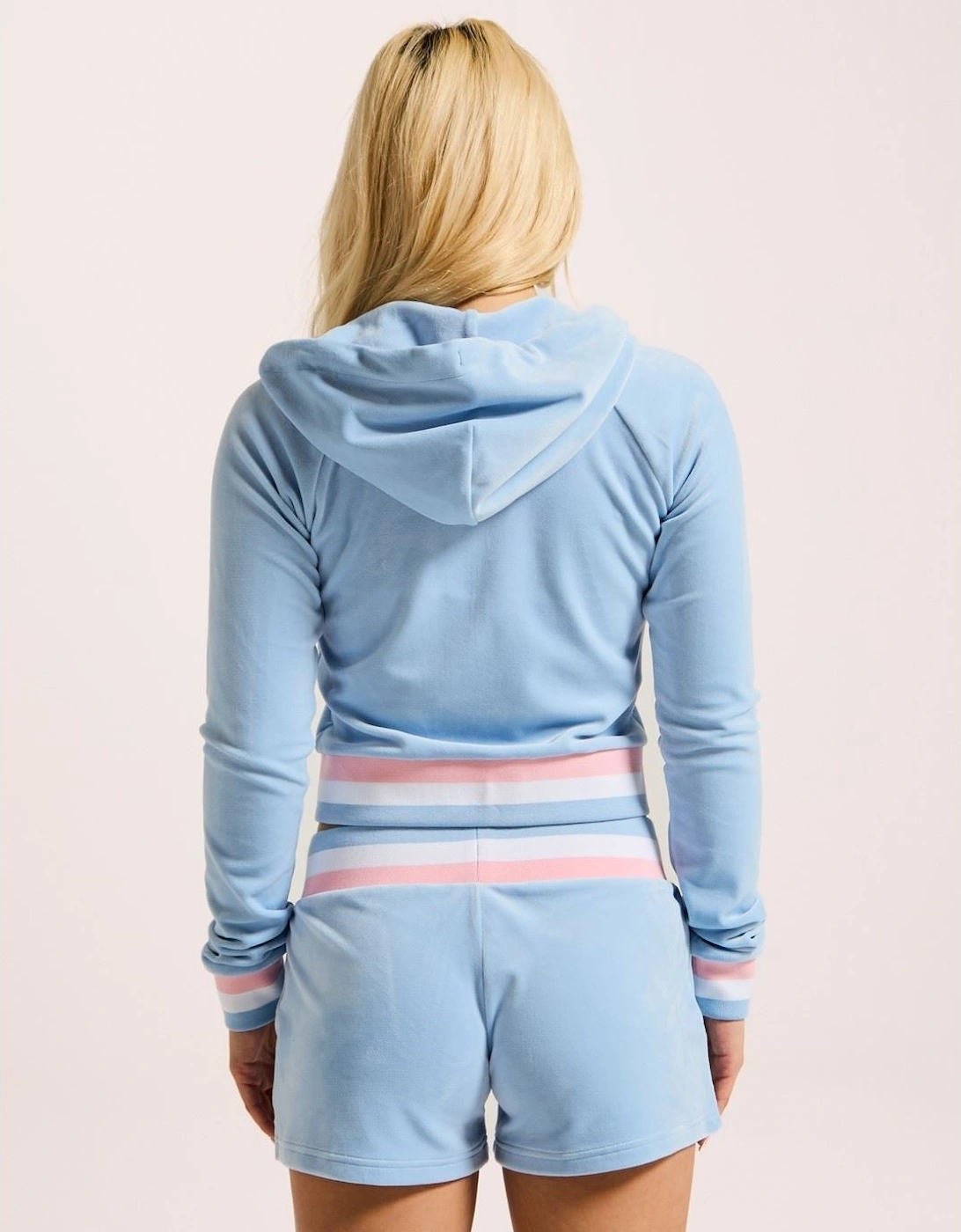 Velour Cropped Stripe Hoodie Polyester Women's Blue Hooded Sweatshirt
