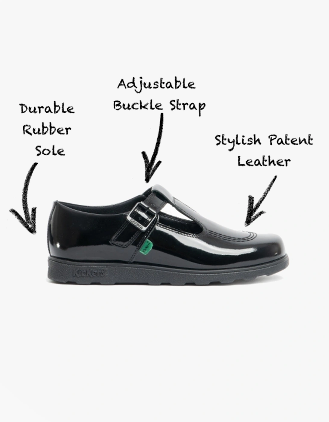 Girl's Kickers 115202 FRAGMA T-BUCKLE Girls School Shoes Patent Black - Size: UK 3 / eur 36