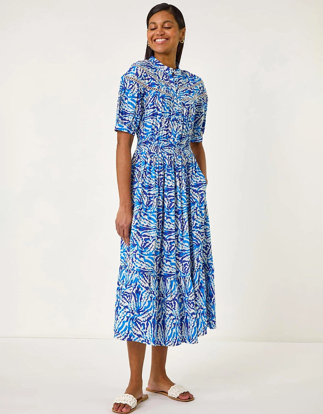 Abstract Print Lace Trim Midi Dress - Blue, 2 of 1
