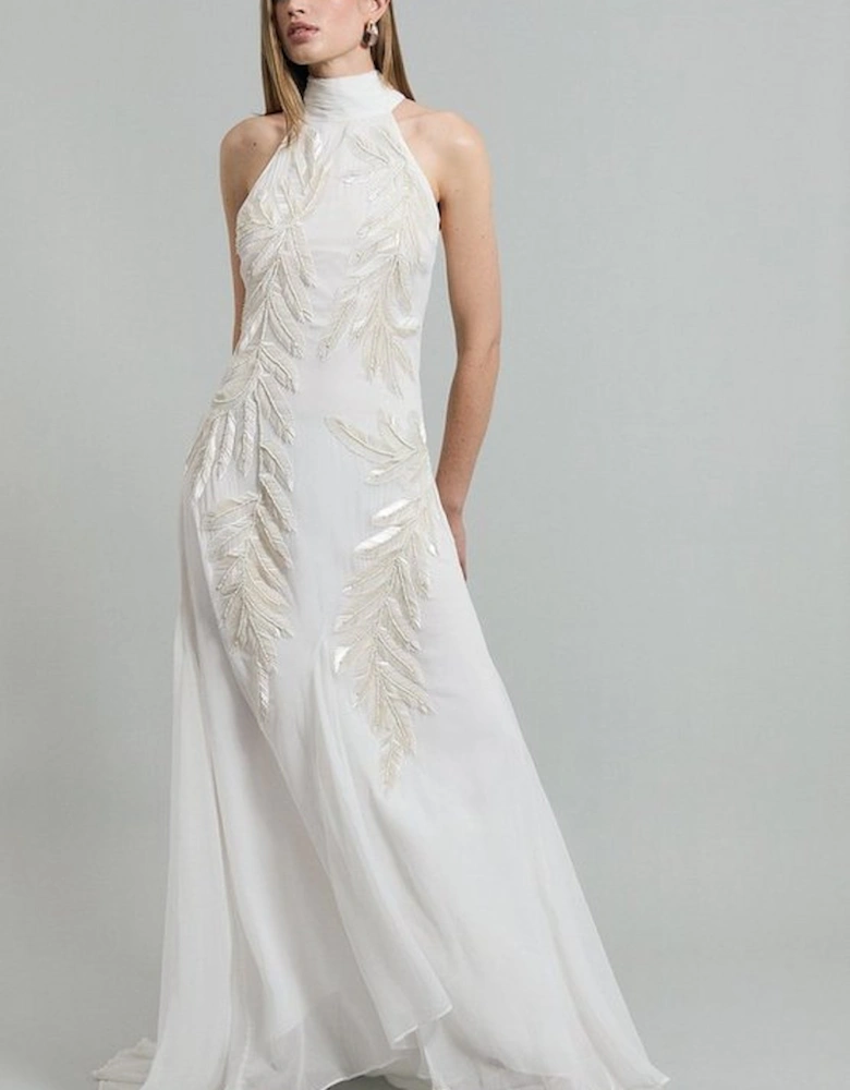 Georgette Feather Embellished Halter Neck Woven Maxi Dress