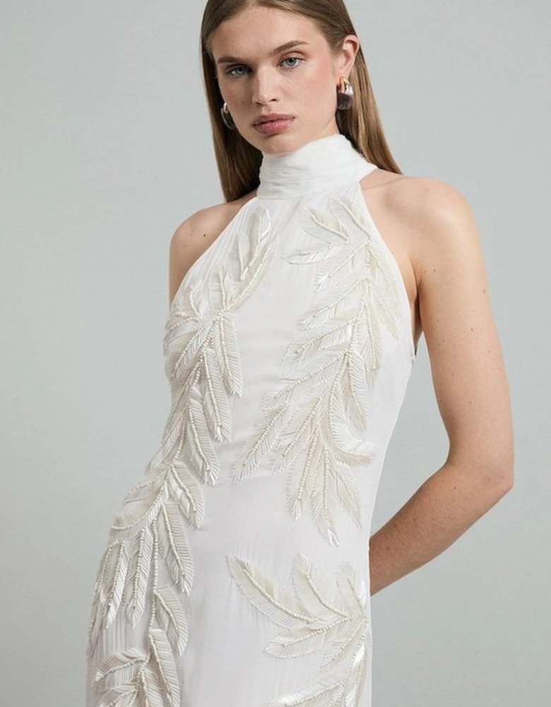 Georgette Feather Embellished Halter Neck Woven Maxi Dress