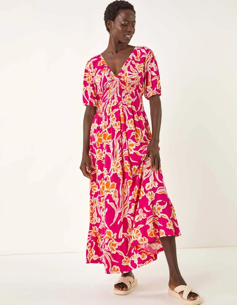 Floral V-neck Shirred Midi Dress - Pink