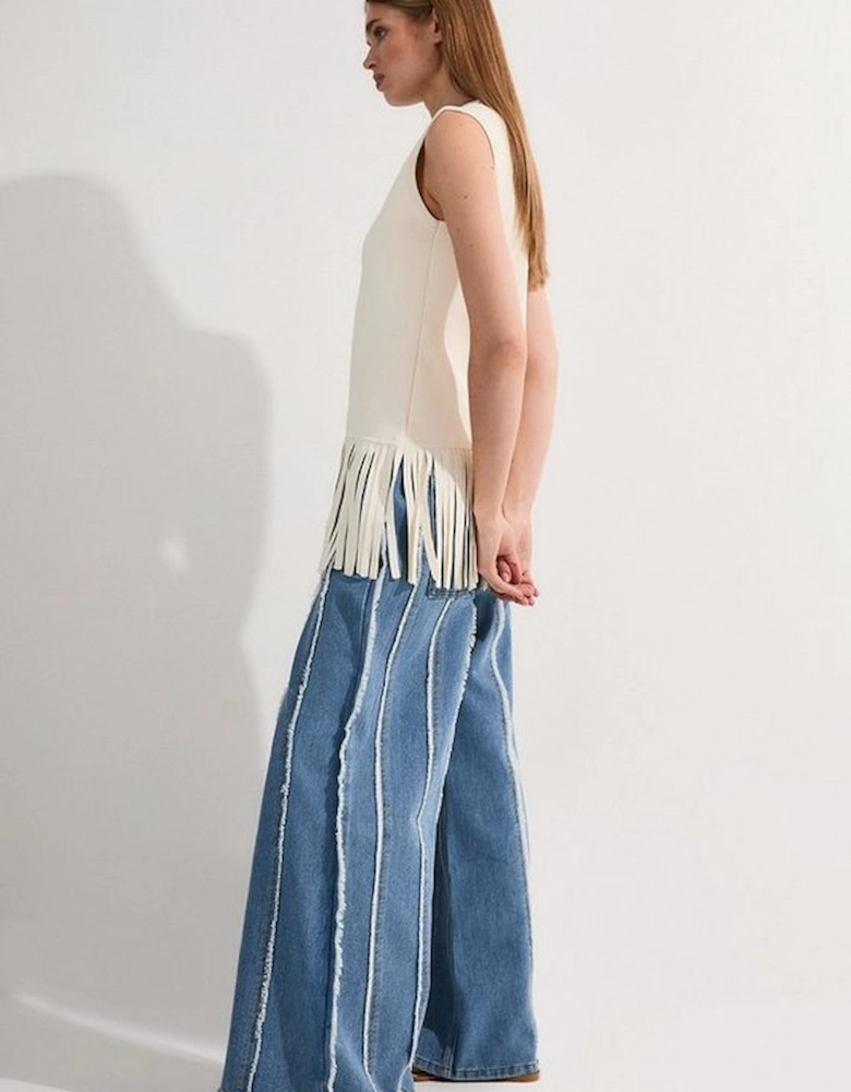 Petite Denim Tassel Detail Wide Leg Jeans