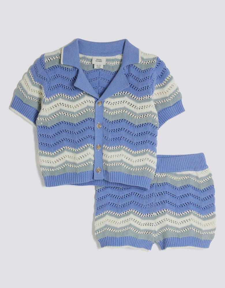 Boys Wavy Textured Shorts Set - Blue