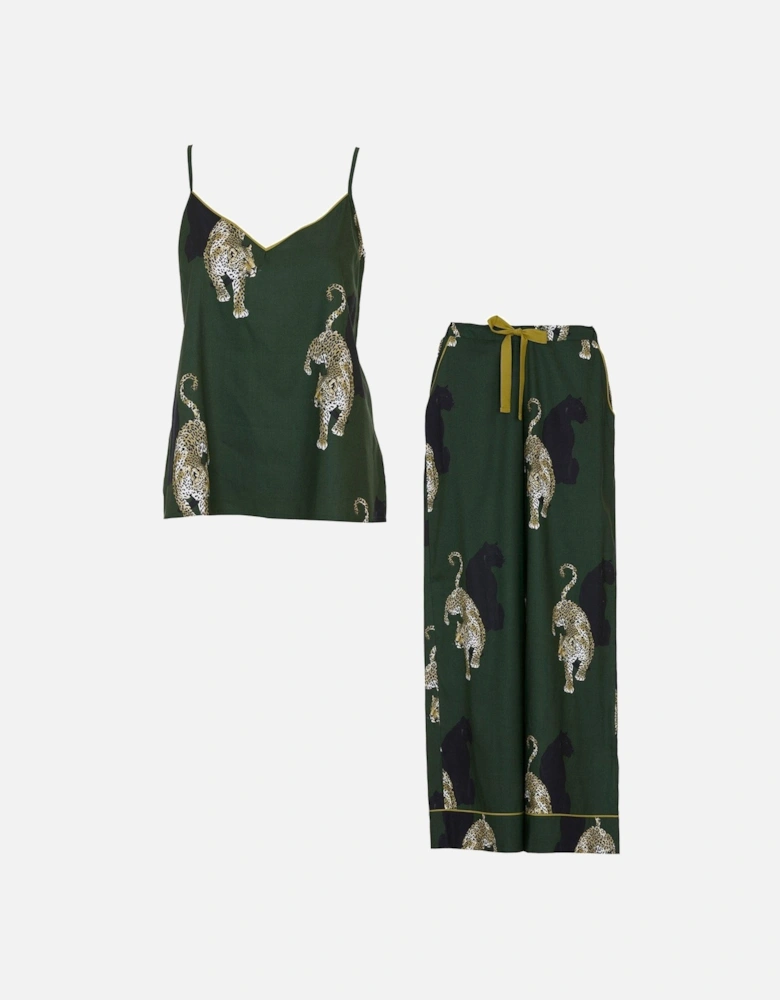 Olive Leopard Print Cami And Wide Leg Pyjama Set - Green