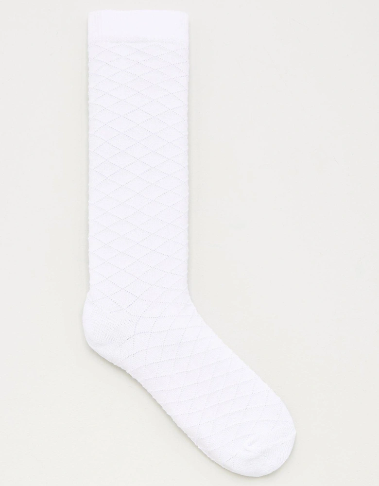 Girls 5 Pack Knee Length Diamond Filet Stitch School Socks - White