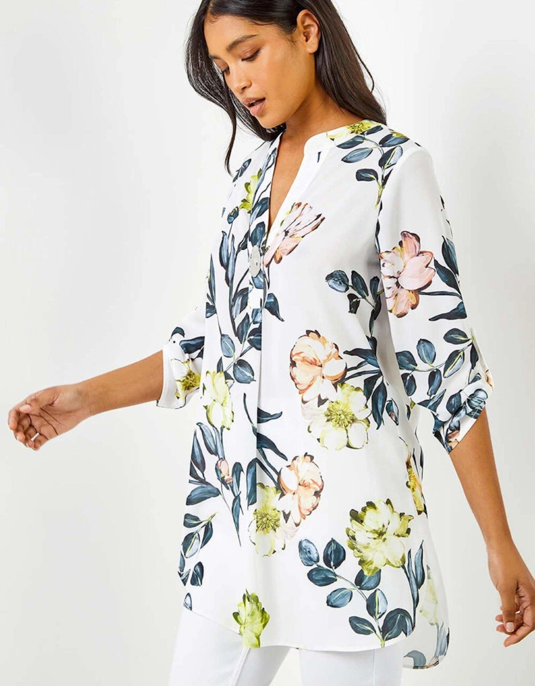 V-neck Longline Button Detail Floral Tunic Top