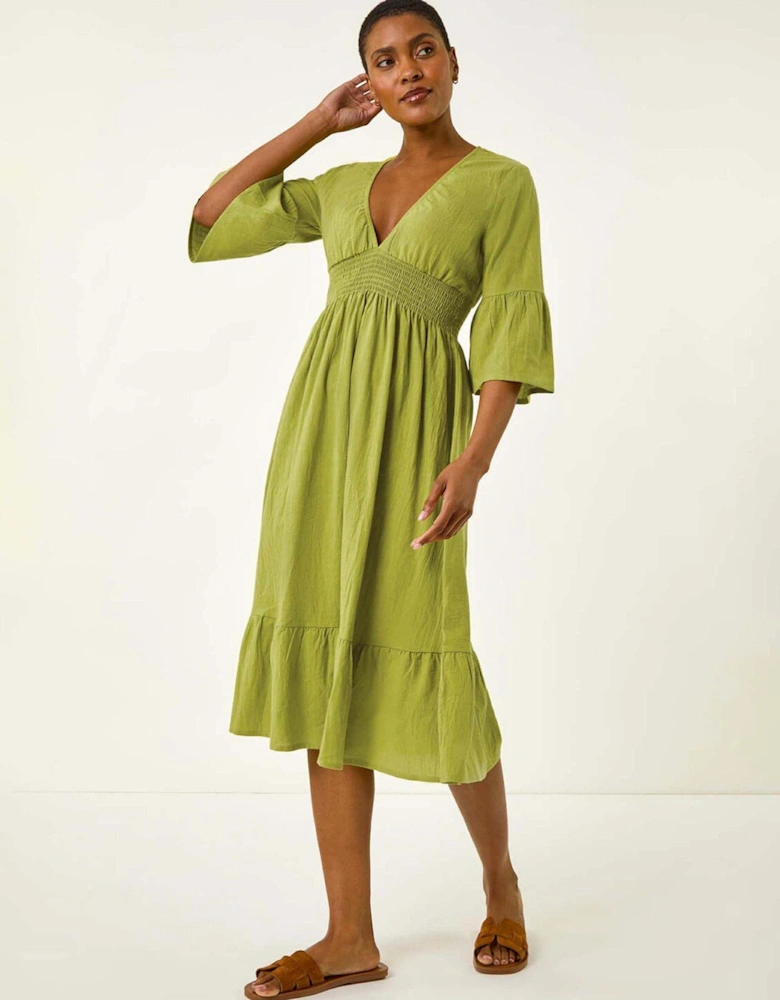 Linen Look Shirred Midi Dress - Green