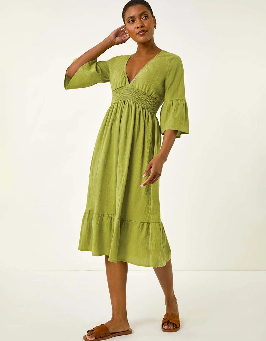 Linen Look Shirred Midi Dress - Green, 2 of 1