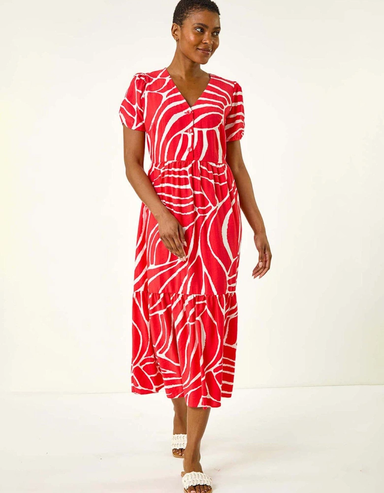 Linear Print Midi Shirt Dress - Red