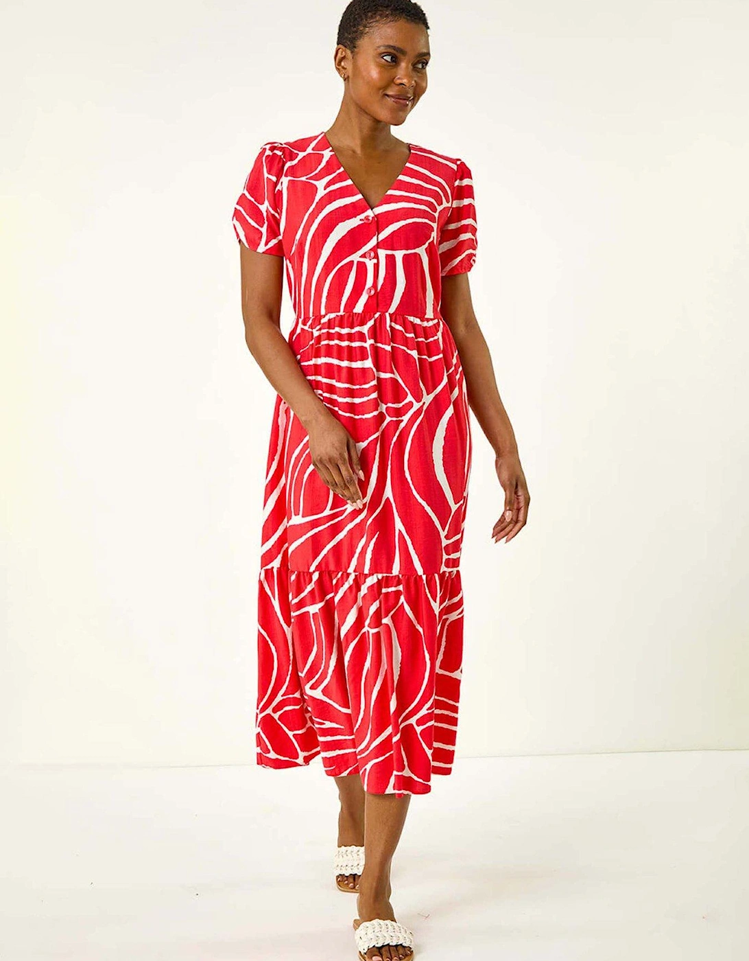 Linear Print Midi Shirt Dress - Red, 2 of 1