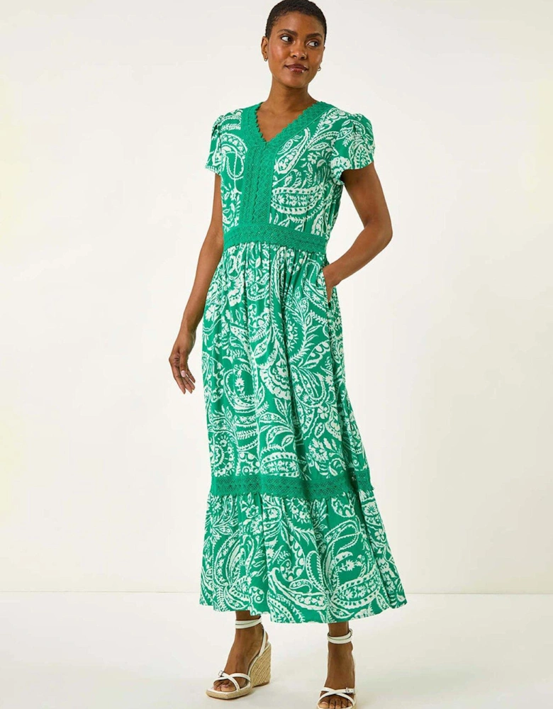 Paisley Lace Trim Midi Dress - Green