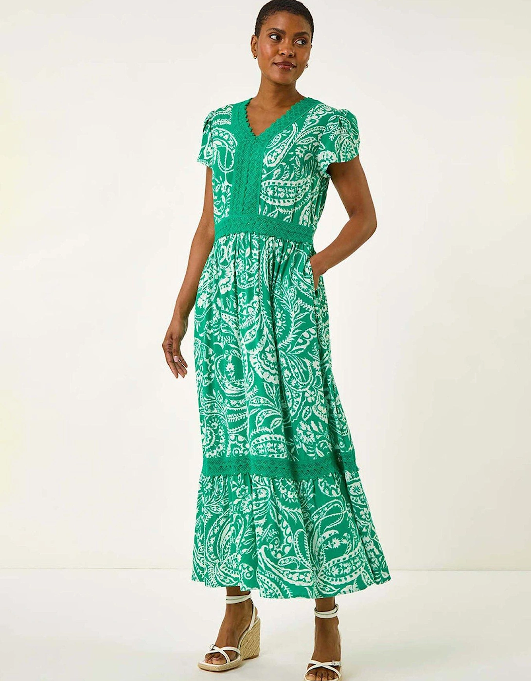 Paisley Lace Trim Midi Dress - Green, 2 of 1