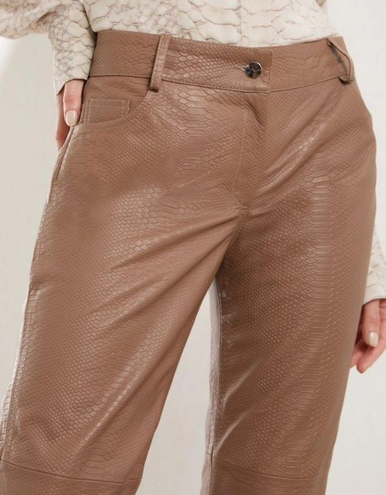 Snake Print Leather Slim Leg Low Rise Trousers