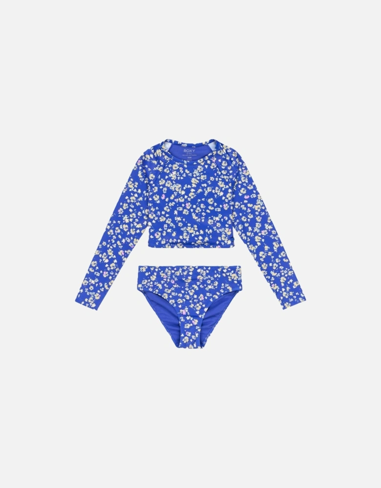 Kids Shadow Floral Crop Top Set Long Sleeve Rash Vest
