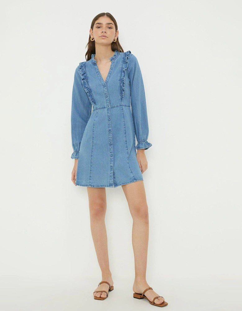 Denim Frill Mini Dress - Mid Wash