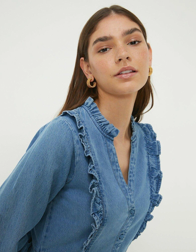 Denim Frill Mini Dress - Mid Wash