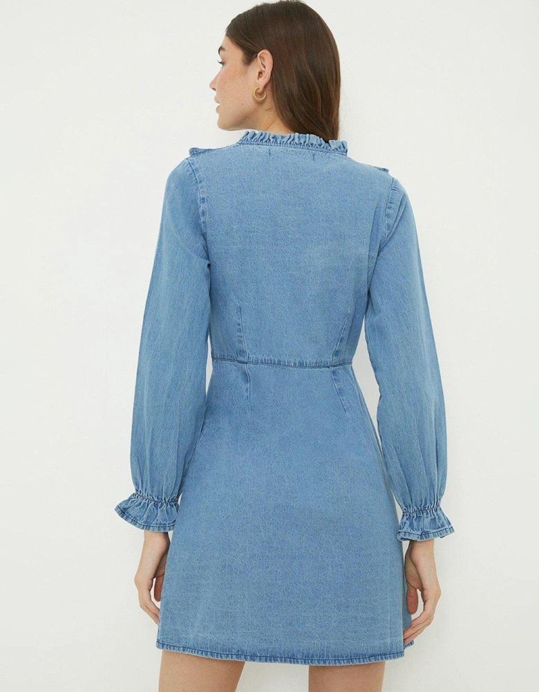Denim Frill Mini Dress - Mid Wash