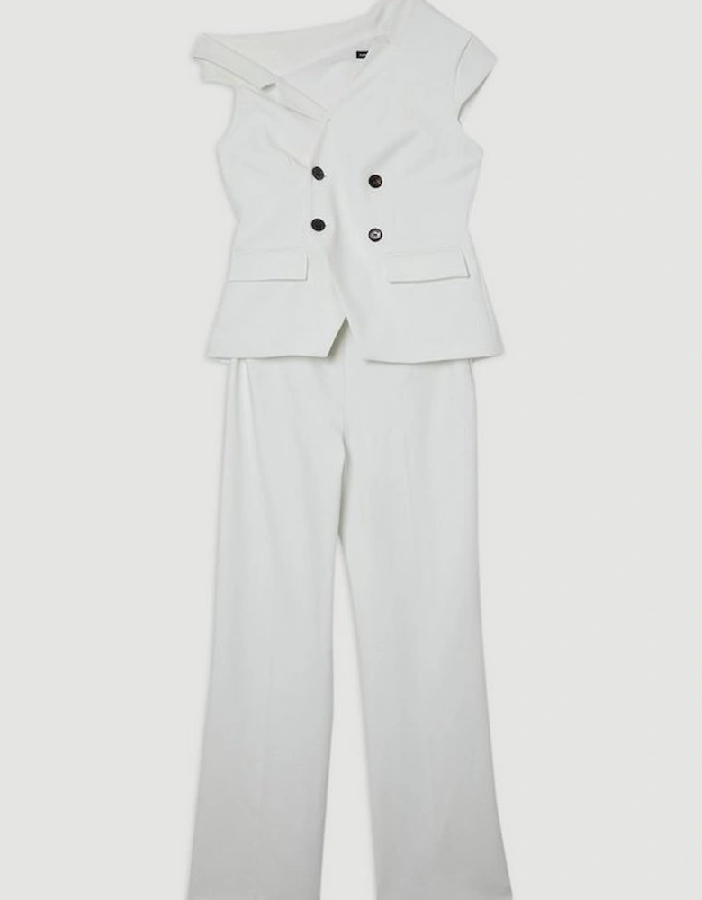Compact Stretch Asymmetric Collar Wide Leg Tailored Jumpsuit