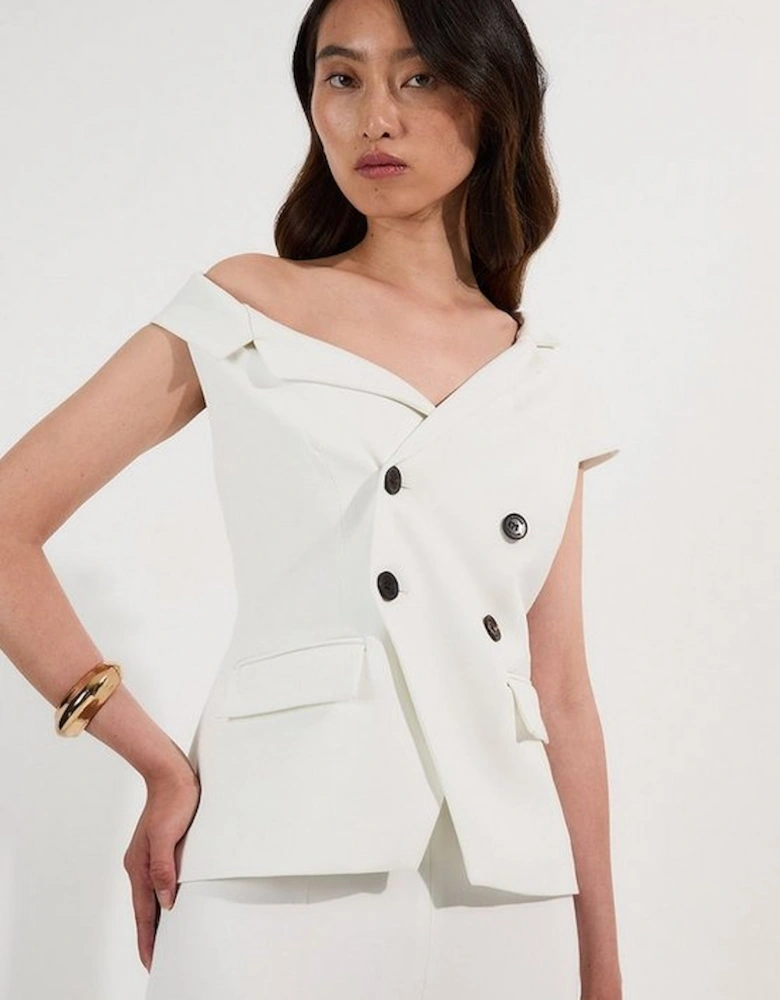 Compact Stretch Asymmetric Collar Wide Leg Tailored Jumpsuit