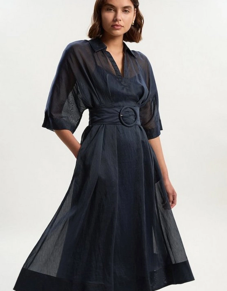 Organdie Plunge Collared Woven Maxi Dress
