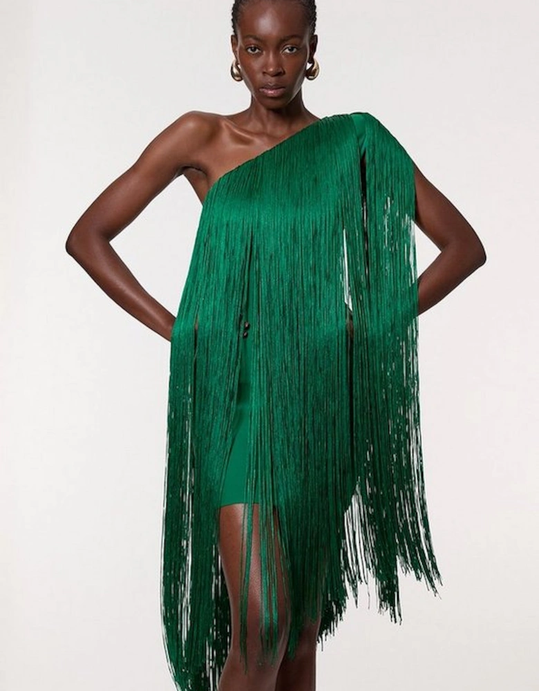 Petite Figure Form Bandage One Shoulder Fringe Mini Knit Dress