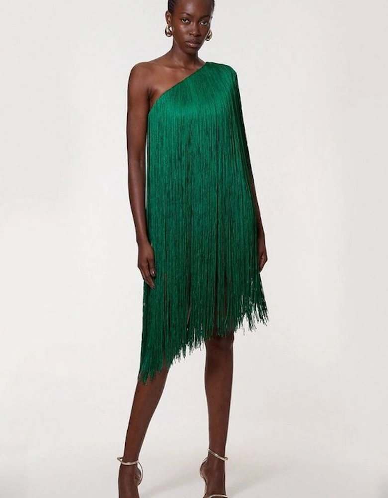 Petite Figure Form Bandage One Shoulder Fringe Mini Knit Dress