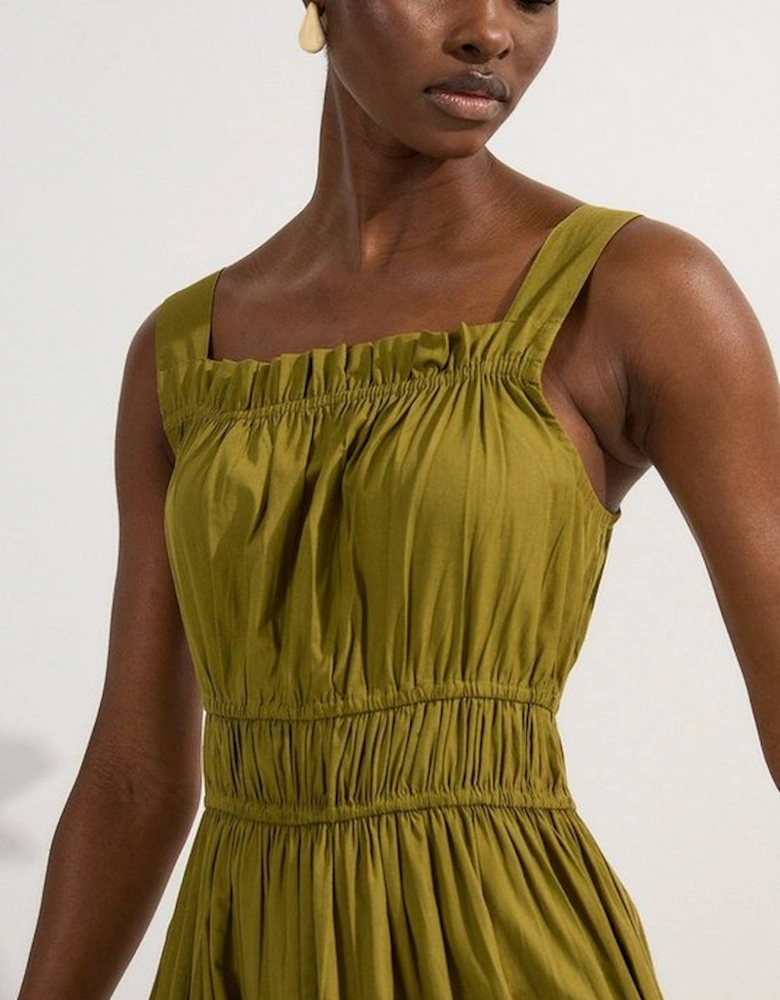 Shirred Cotton Tiered Woven Strappy Maxi Dress