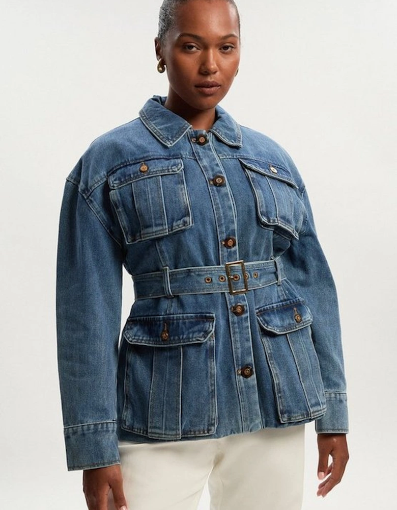 Plus Size Denim Pocket Detail Belted Safari Jacket
