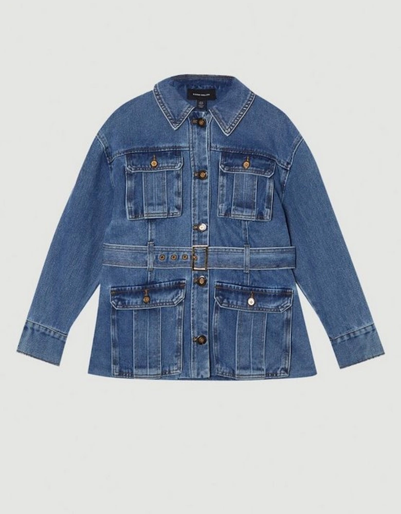 Plus Size Denim Pocket Detail Belted Safari Jacket