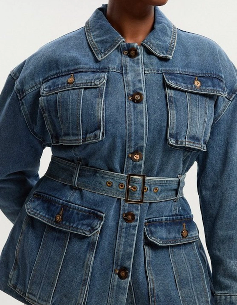 Plus Size Denim Pocket Detail Belted Safari Jacket