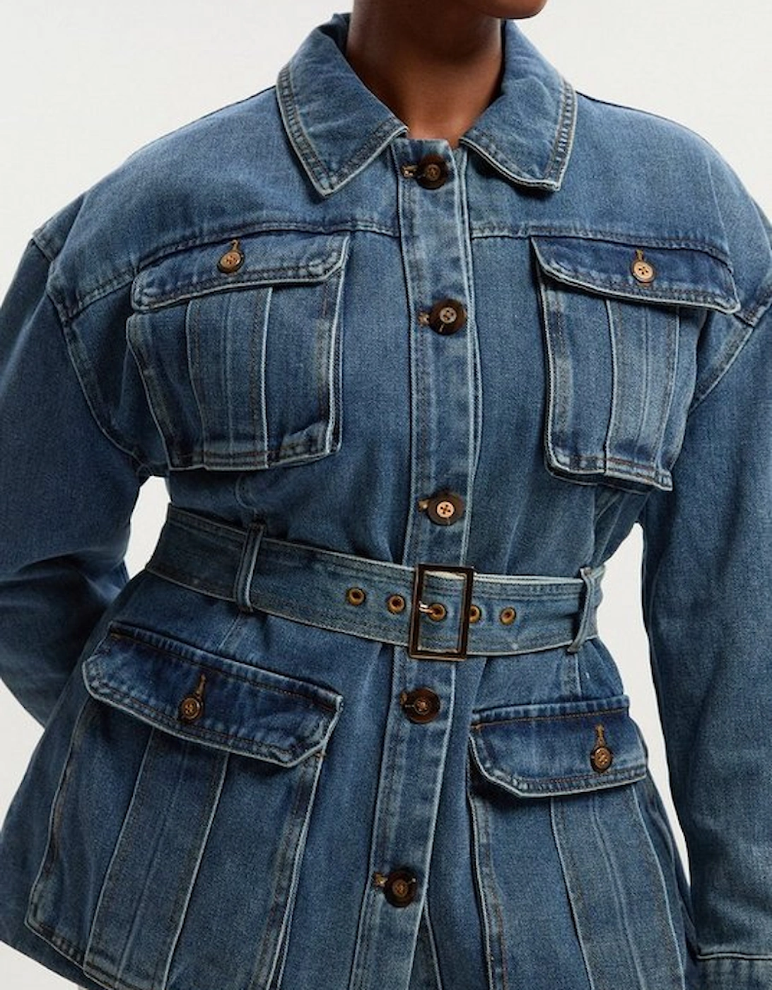 Plus Size Denim Pocket Detail Belted Safari Jacket, 2 of 1