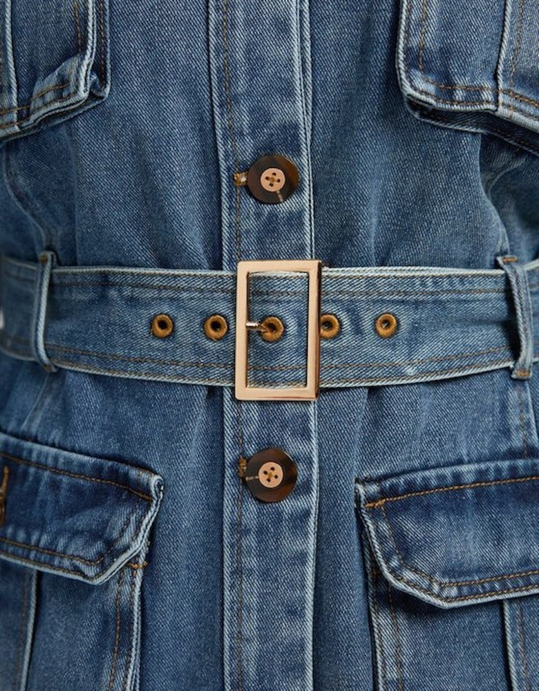 Plus Size Denim Pocket Detail Belted Safari Jacket