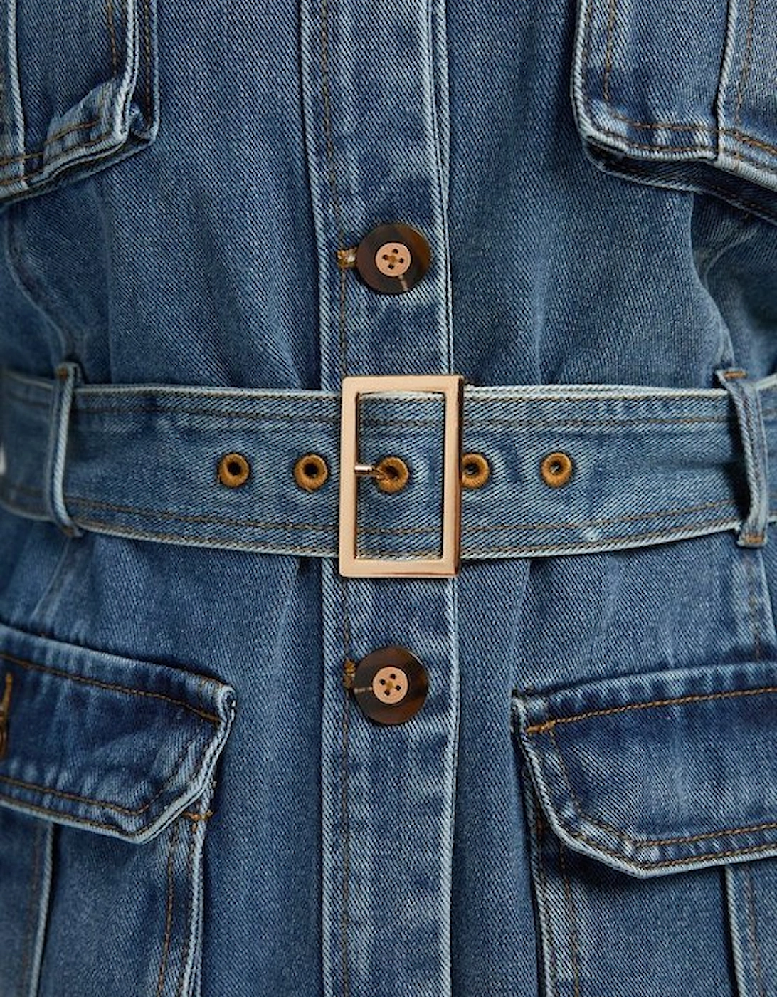 Plus Size Denim Pocket Detail Belted Safari Jacket