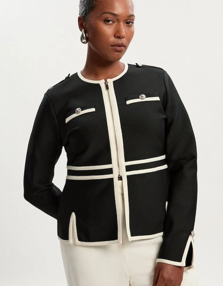 Plus Size Figure Form Bandage Military Contrast Piping Knit Split Hem Jacket