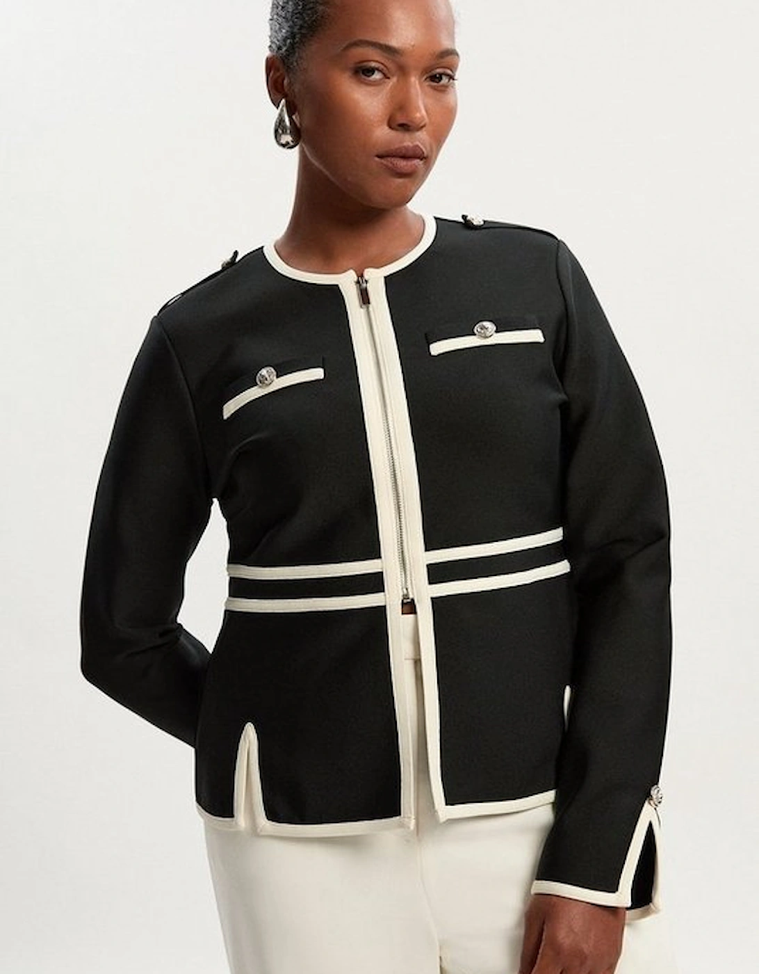 Plus Size Figure Form Bandage Military Contrast Piping Knit Split Hem Jacket, 2 of 1
