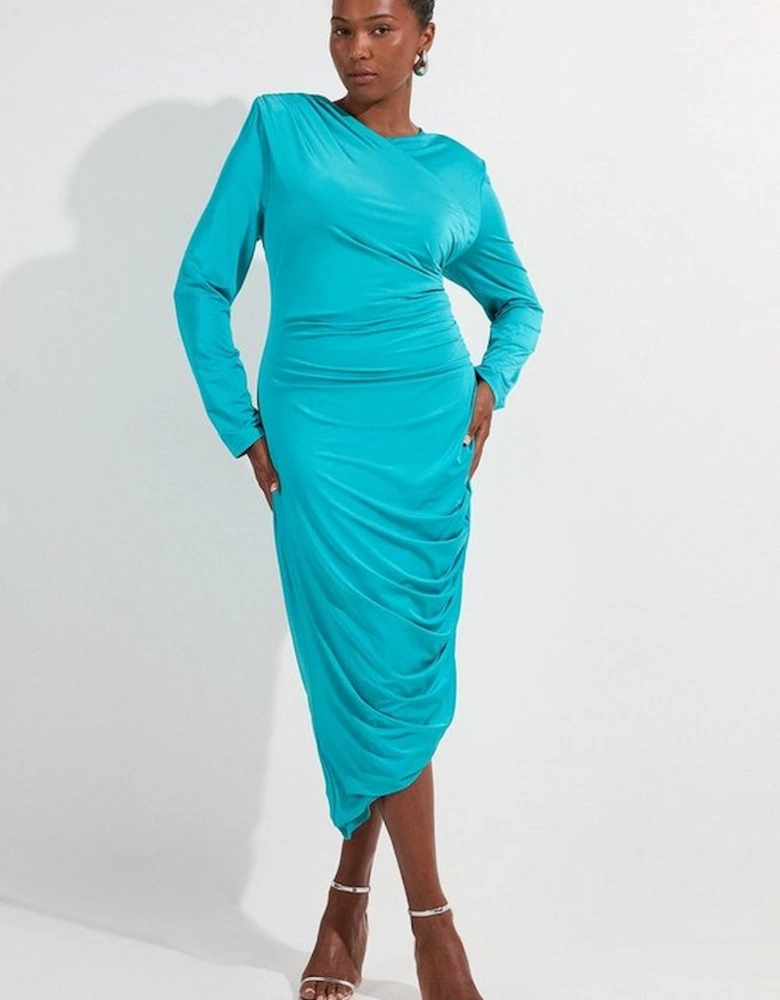 Plus Size Jersey Crepe Ruched Long Sleeve Maxi Dress