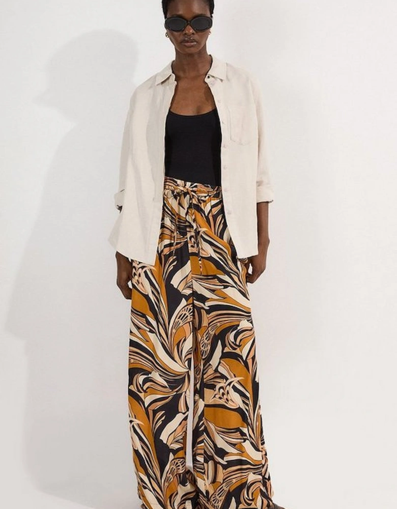 Beach Border Print Spun Viscose Tie Waist Wide Leg Trousers