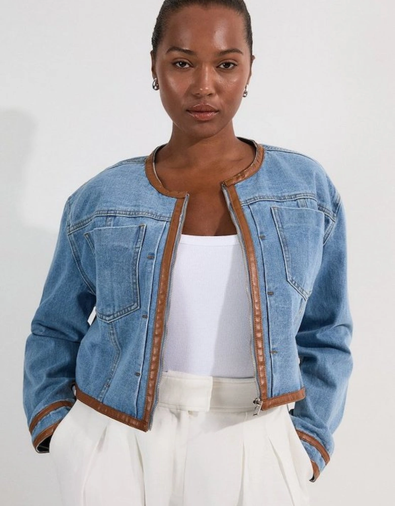 Plus Size Denim & Faux Leather Tipping Collarless Tailored Jacket