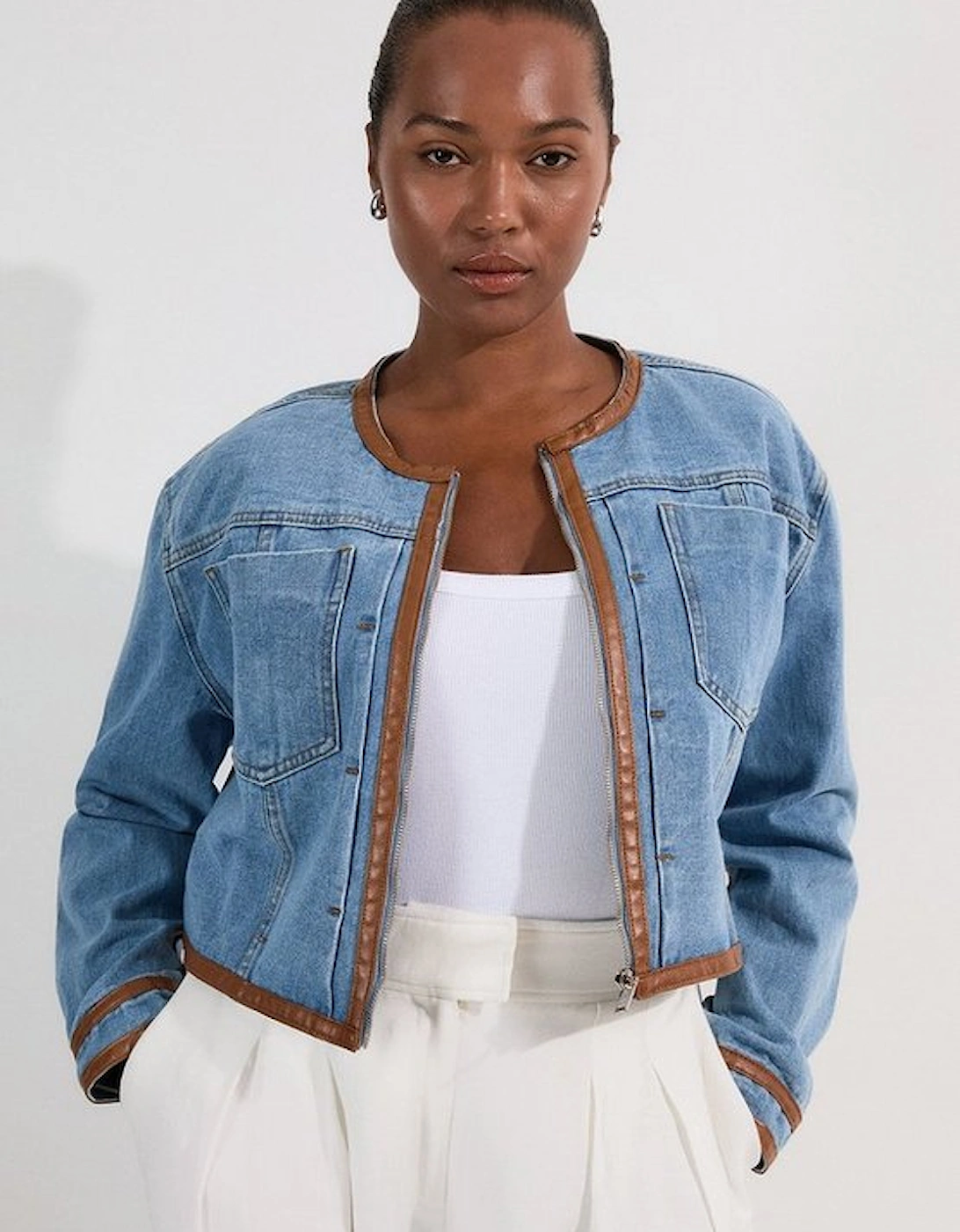Plus Size Denim & Faux Leather Tipping Collarless Tailored Jacket, 2 of 1