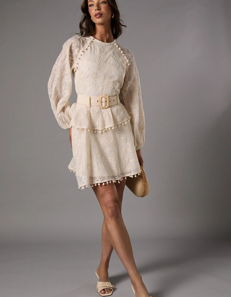 Long Sleeve Tiered Skirt Mini Dress With Belt