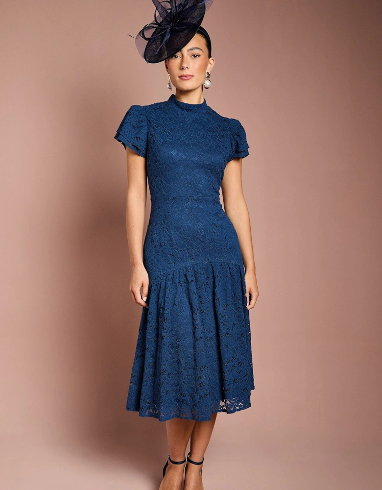Lace Frill Sleeve High Neck Midi