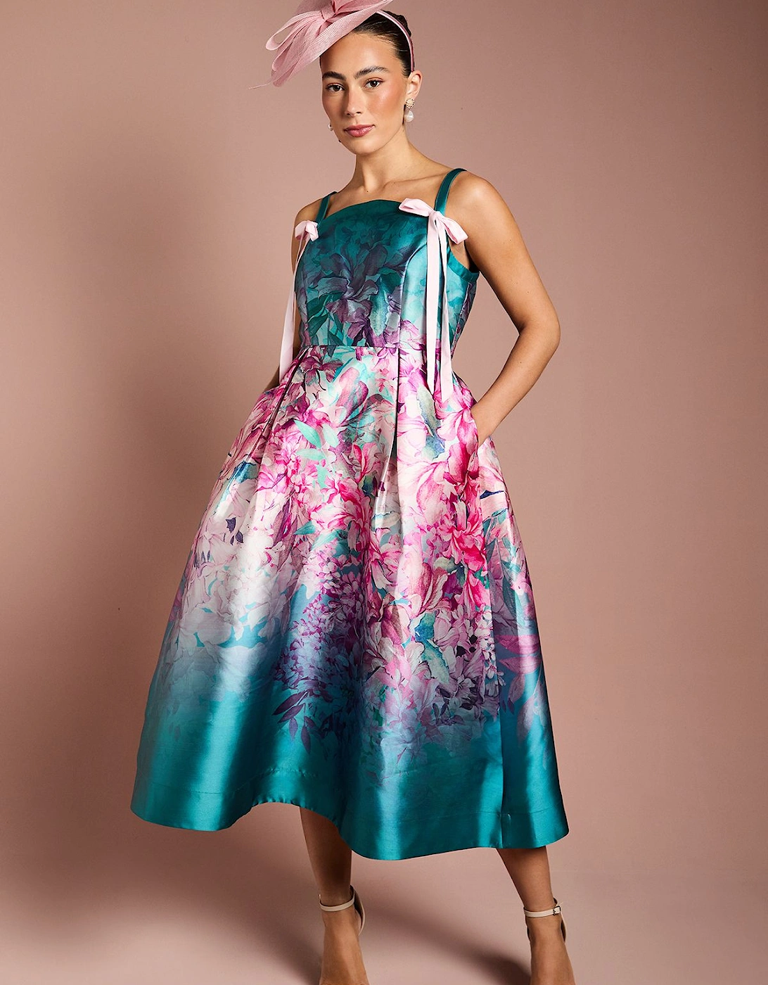 Strappy Bow Detail Twill Midi Dress, 2 of 1