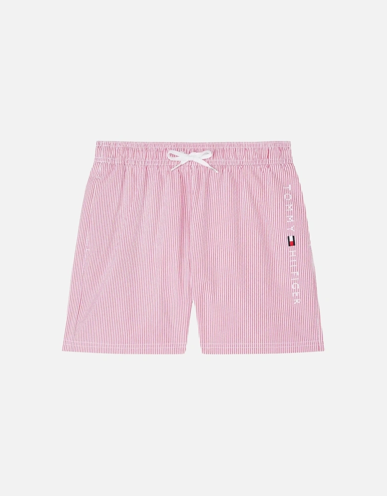 Boys Original Ithaca Stripe Mid Length Swim Shorts, Ithaca White & Medium Red