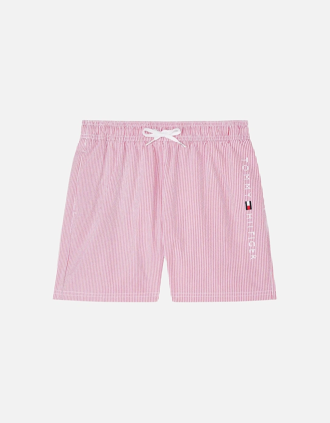 Boys Original Ithaca Stripe Mid Length Swim Shorts, Ithaca White & Medium Red