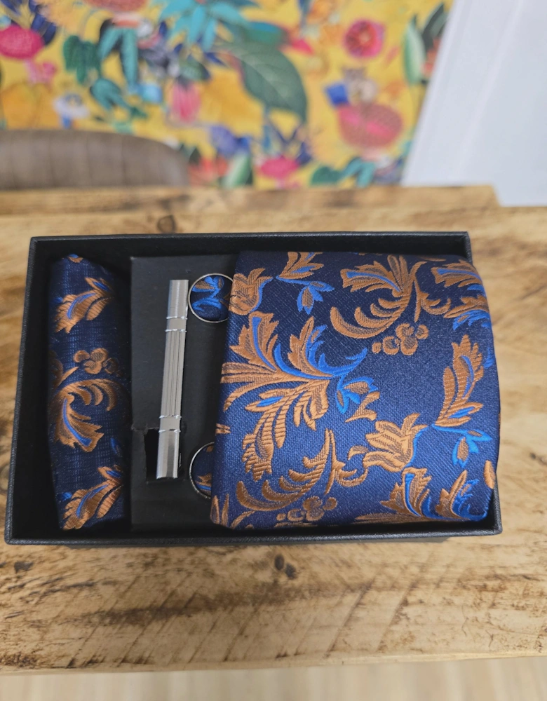 Floral Tie, Pocket Square, Cuff Link & Tie Clip Set - Navy & Copper