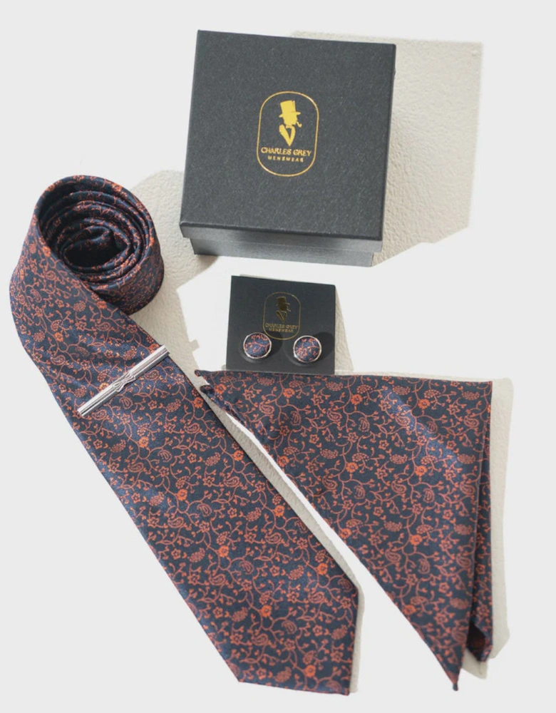 Tie, Pocket Square, Cuff Link & Tie Clip Set - Navy & Rust