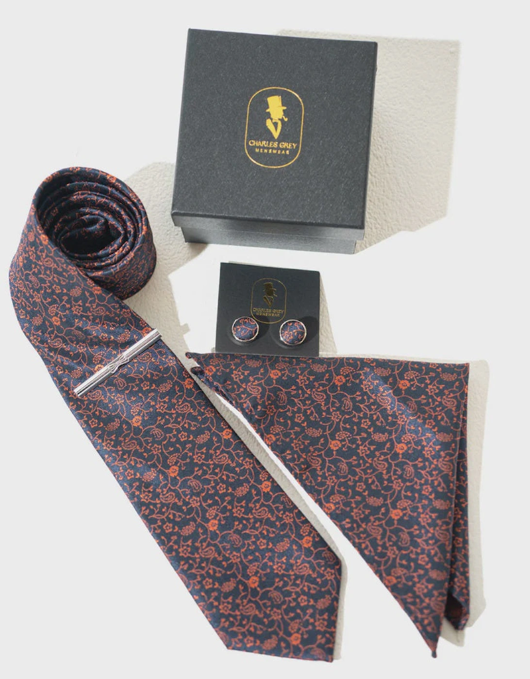 Tie, Pocket Square, Cuff Link & Tie Clip Set - Navy & Rust, 3 of 2
