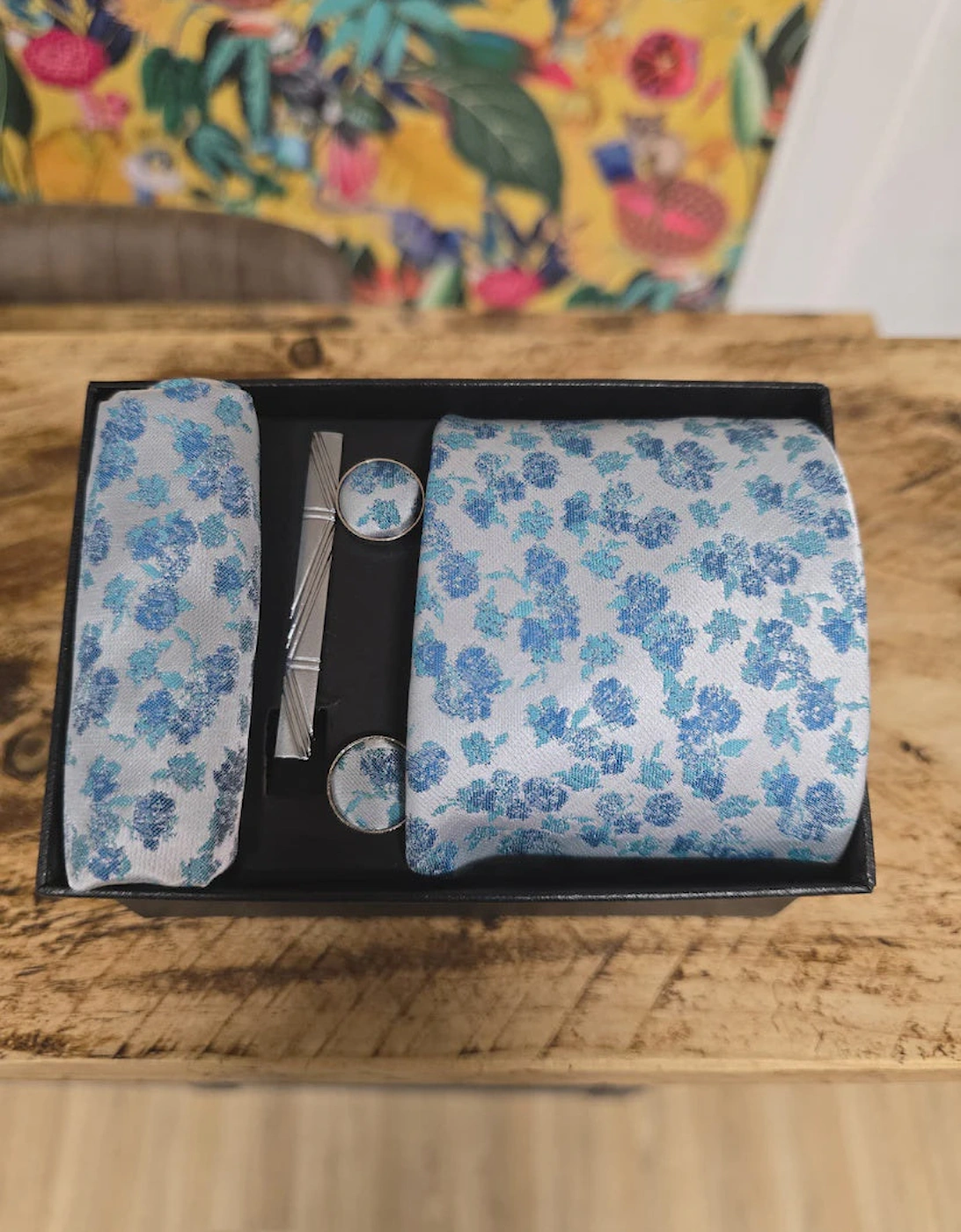 Floral Tie, Pocket Square, Cuff Link & Tie Clip Set - Teal & Silver, 2 of 1